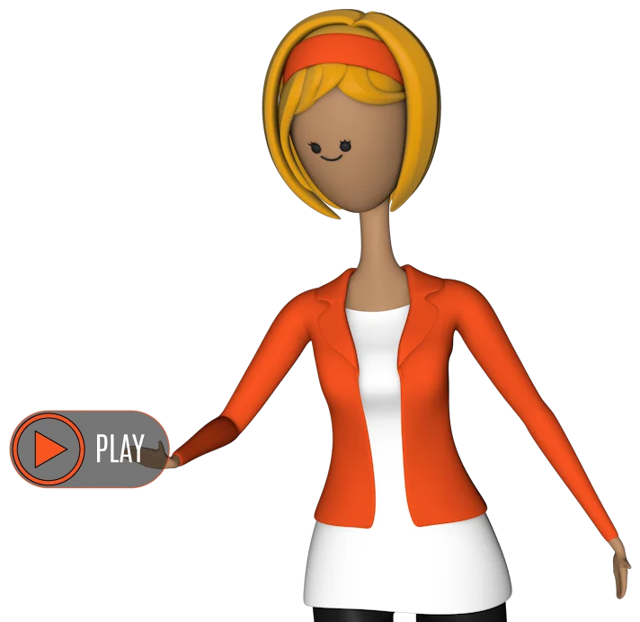 3D girl tapping on a "video play" button